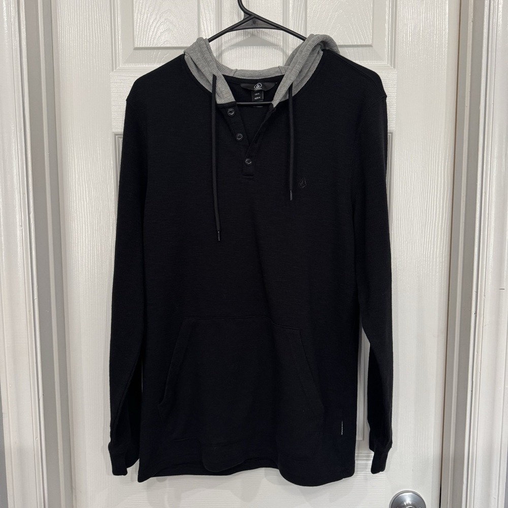 Volcom Black & Gray Knit Waffle Hoodie Size Medium Skateboard Skate Clean